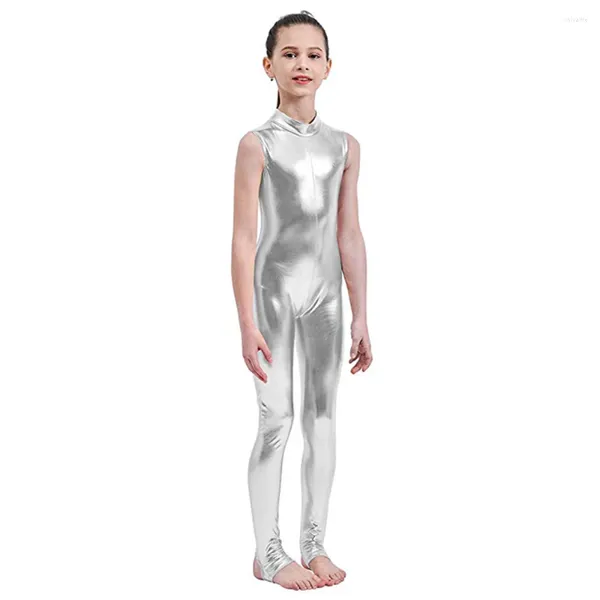 Etapa desgaste AOYLISEY Niños Danza Brillante Metálico Unitard Gimnasia Monos Mock Neck para niñas Niños Niño Zentai Lycra Spandex Unitards