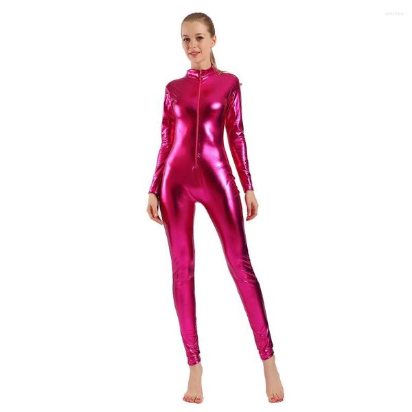 Desgaste de la etapa AOYLISEY Mujeres Metálico brillante Body de cuerpo completo Manga larga Mock Neck Ballet Monos Gimnasia Leotardo Hombres Zentai Disfraces