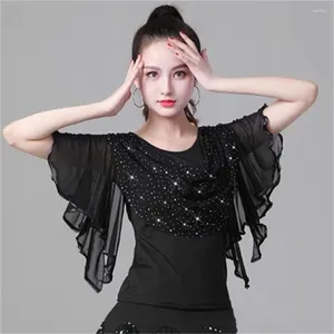 Stage Wear Arrivées Femmes Trompette Manches Chemise de danse latine Fille Moderne Sequin Performance Costume Ballroom Dancing Tops