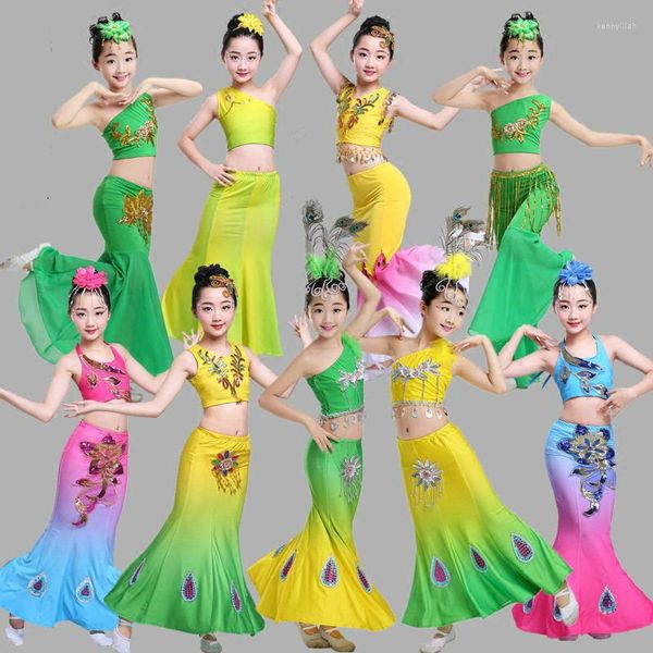 Stage Wear Arrive Costume de danse de paon élastique pour enfants Costume folklorique chinois Dai Set Costumes pour filles