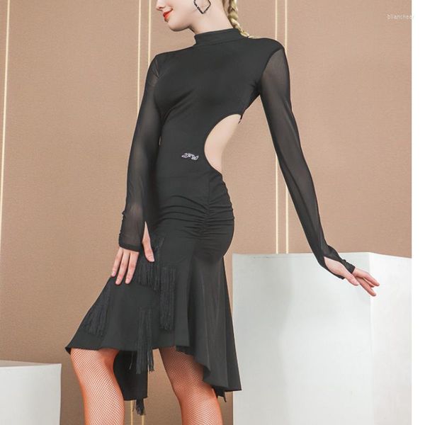 Vêtements de scène automne femme dos nu robe de danse latine Sexy à manches longues en maille salle de bal Performance Dancewear col haut Rumba TL965