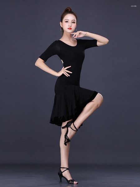 Stage Wear Costume de sport de danse dos nu Robe de tango Couleur unie Latino Pratique à manches courtes Salle de bal Filles Femmes Vêtements latins