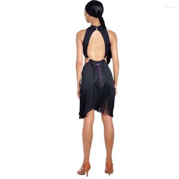 Stage Wear Dos nu Latin Dance Slip Robe Noir Fringe Sans Manches Latino Performance Dancewear Cha Samba Rumba Costumes DL339