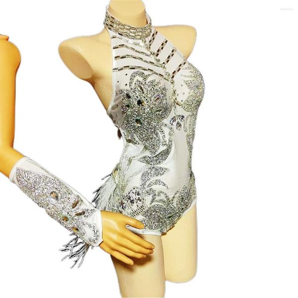 Etapa desgaste sin espalda brillante diamantes de imitación cristal sexy guante con plumas vestido de mujer club nocturno baile traje fiesta carnaval