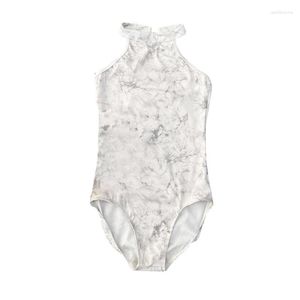 Justaucorps de Costume de Ballet d'usure de scène pour la robe de pratique des femmes avec des collants de gymnastique d'impression de fleur d'encre suspendues au cou Performance