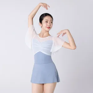 Stadiumkleding Ballet Dans Maillots Voor Vrouwen Mesh Ruche Mouw Meisje Badmode Gymnastiek Kostuums Student Praktijk Danskleding