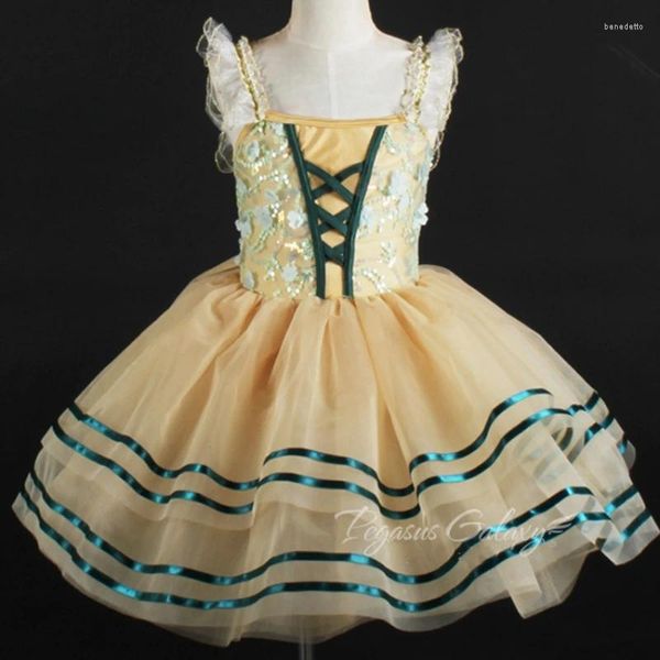 Stage Wear Ballet Danse Jupe Filles Adultes Jaune Bretelles Paillettes Fleur Princesse Tutu Équipe Performance Vêtements En Gros