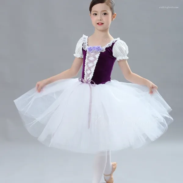 Stage Wear Ballet Dance Jupe Puff Manches Fleur Enfants Adulte Blanc Princesse Gaze Filles Groupe Performance Vêtements En Gros