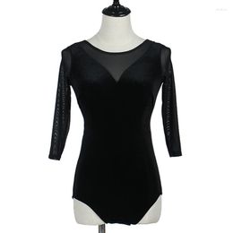 Vêtements de scène Ballet danses pratique noir justaucorps à manches longues vêtements femmes dame Sexy Performance maille fil hauts DWY766