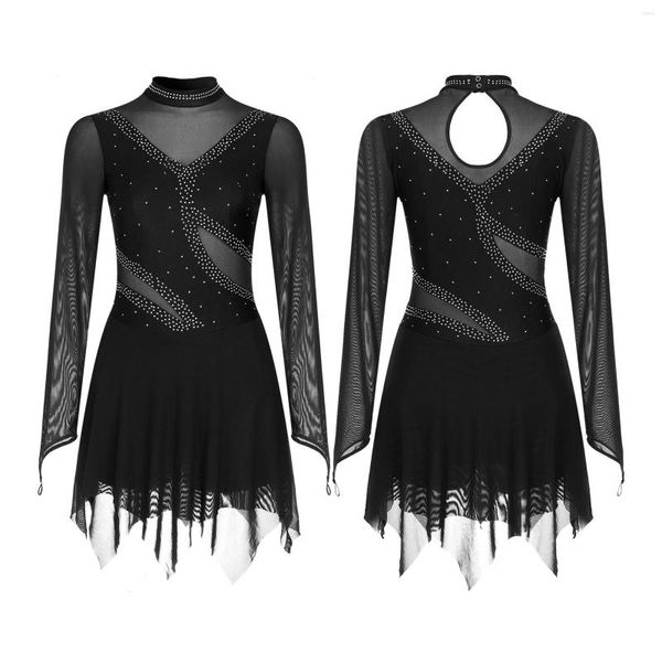 Vêtements de scène robe de Ballet pour femmes adultes couleur unie maille transparente Patchwork à manches longues patinage artistique moderne Jazz Tango Costume