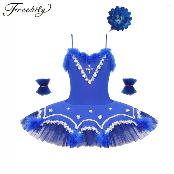 Stage Wear Ballet Robe Filles Paillettes Danse Gymnastique Justaucorps Tutu Avec Bras Manches Pince À Cheveux Ensemble Ballerine Costumes De Fête