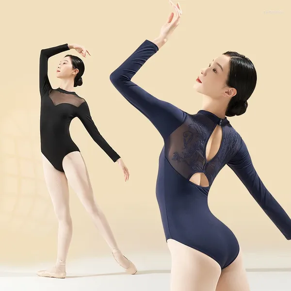 Portez des justaudes de ballet pour les femmes Collier debout Gymnastique Lady Back Mesh Entraînement brodé à manches longues