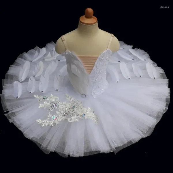 Etapa desgaste falda de ballet espejo blanco mullido patrón emplumado niño y niña vestido de baile profesional adulto panqueque cisne