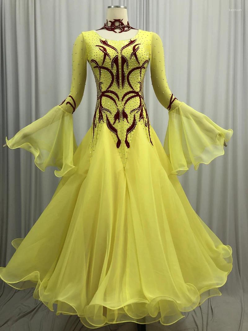 Palco desgaste competição de salão vestido de dança 2023 design amarelo padrão moderno saia de alta qualidade mulheres vestidos de valsa