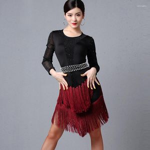 Stage Wear Ballroom Dance Competition Dresses Latin Practice For Woman Long Sleeve pailletten Tassel Charleston Dress DL4401