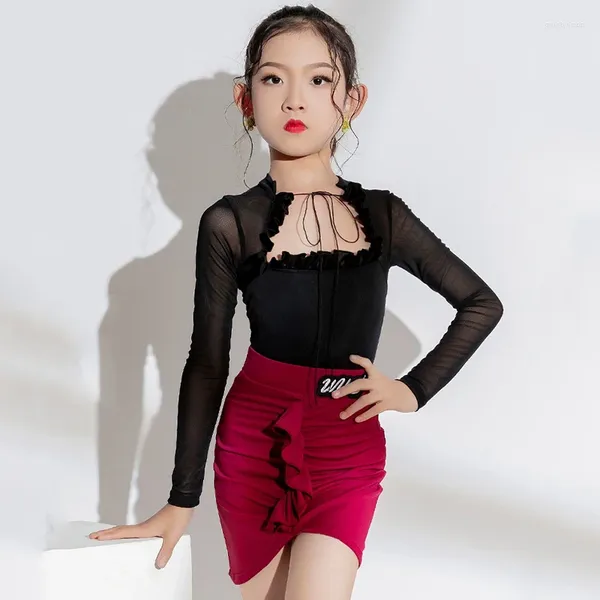 Etapa desgaste trajes de baile de salón de manga larga falda roja superior latina para niñas vestidos de rendimiento ropa SL9507