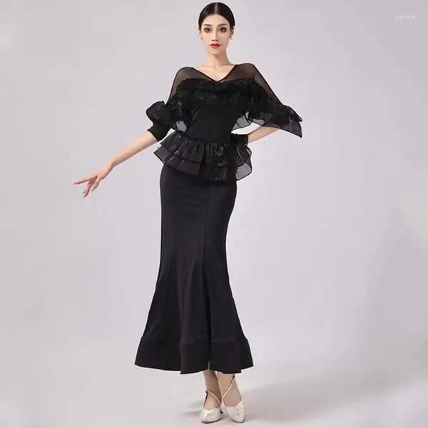 Stage Wear Robe de danse de salon Noir Hauts à volants Jupe Femmes Waltz Performance Costume Adulte Pratique Concours Vêtements BL12102