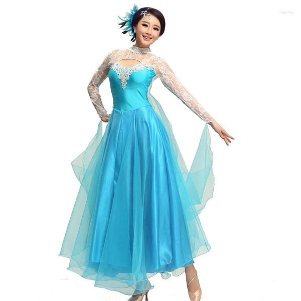 Vêtements de scène robe de danse de salon femme jupe à manches longues perle diamant princesse uniforme de danse Standard valse Tango B-6201