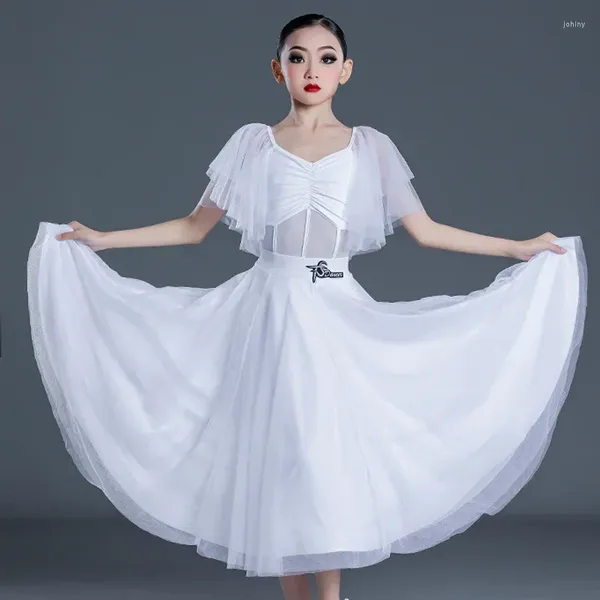 Ropa de escenario Vestido de baile de salón para niñas Faldas de swing grandes blancas Vals moderno Ropa de competencia estándar nacional DN12344