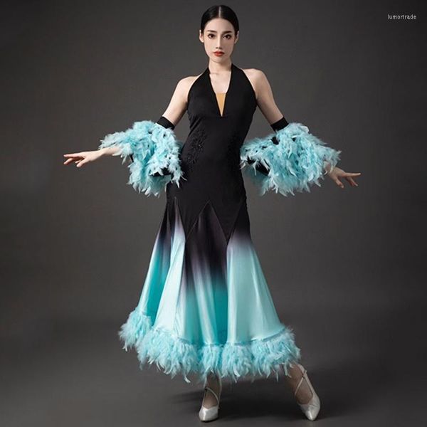 Scary Wear Dance Dance Robe Femme V Neck Halter Waltz Costume Tango Performance Feather Prom Dancewear BL9768