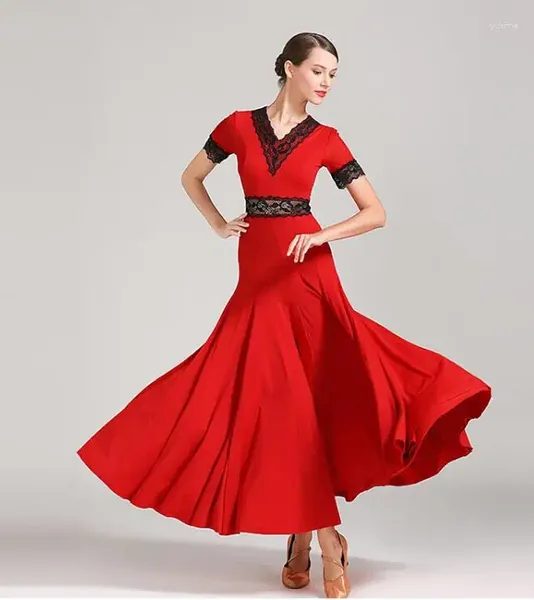 Stage Wear Robes de danse de salon Robe lisse américaine Tango Waltz Femmes Manches courtes Vert Rouge Noir S9056