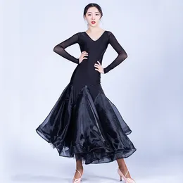 Portez des robes de danse de salle de bal pour femmes manches longues jupe de gaz de gaze noire valtz performance costume compétition robe dnv16701