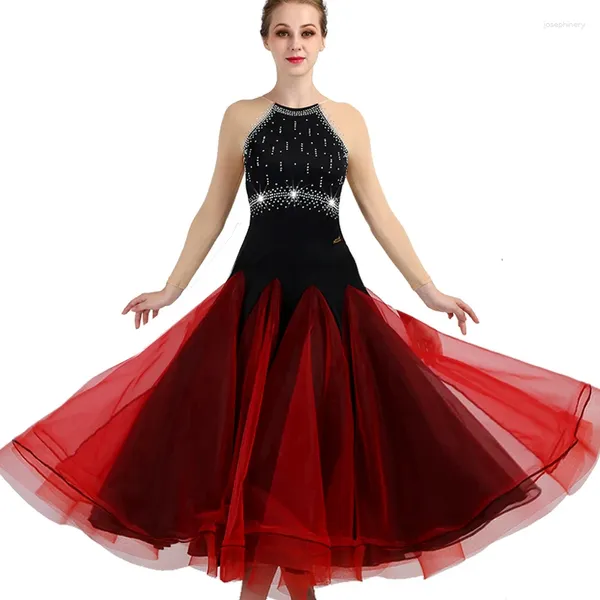 Bühnenkleidung Ballsaal Tanzkleider Langarm Foxtrot Tanzrock Frauen Walzerkleid Rot Schwarz MQ064