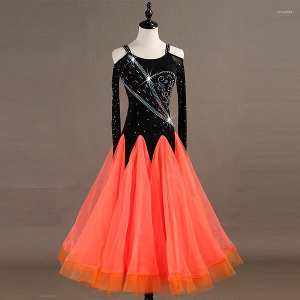 Stage Wear Robes de danse de salon à manches longues Foxtrot Dancing Jupe Femmes Waltz Robe Orange Rouge MQ083