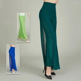 Pantalons de danse de salon pour femmes, jambes larges, Tango latin, Salsa, pantalons de pratique, strass, mousseline de soie, vêtements de danse