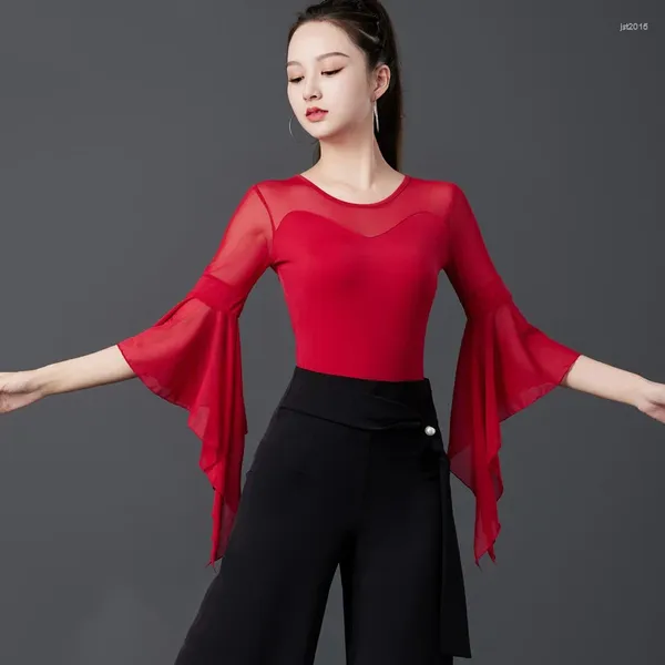 Stage Wear Ballroom Dance Performance Vêtements Rouge Flare Manches Tango Costume Valse Dancewear Adulte Femmes Pratique YS5189