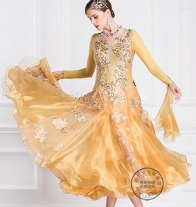 Stage Wear Ballroom Dress Femme Robes Dance Golden Personnaliser Compétition Lycra B-18232