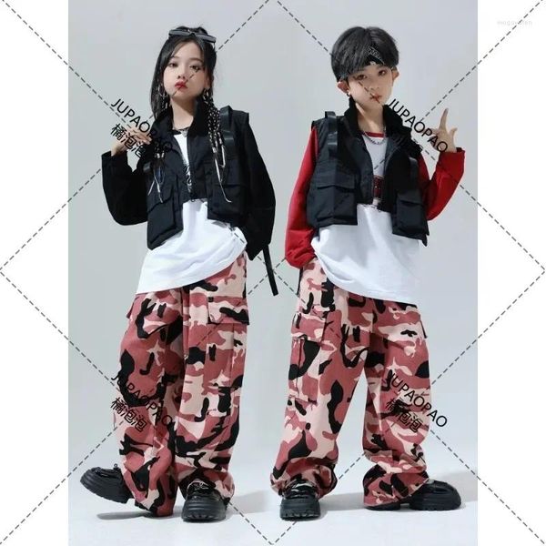 Stage Wear Ballroom Hip Hop Vêtements de danse Pull pour enfants Gilet noir Pantalon de camouflage rose Teen Boys Street Outfit Filles Jazz Costume