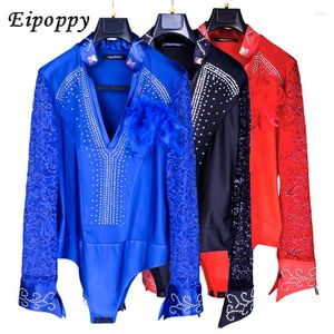 Stage Wear Ballroom Latin Dance Chemises Mâle Noir À Manches Longues En Dentelle Col En V Chemise Hommes Samba Cha Danse Tops Performance