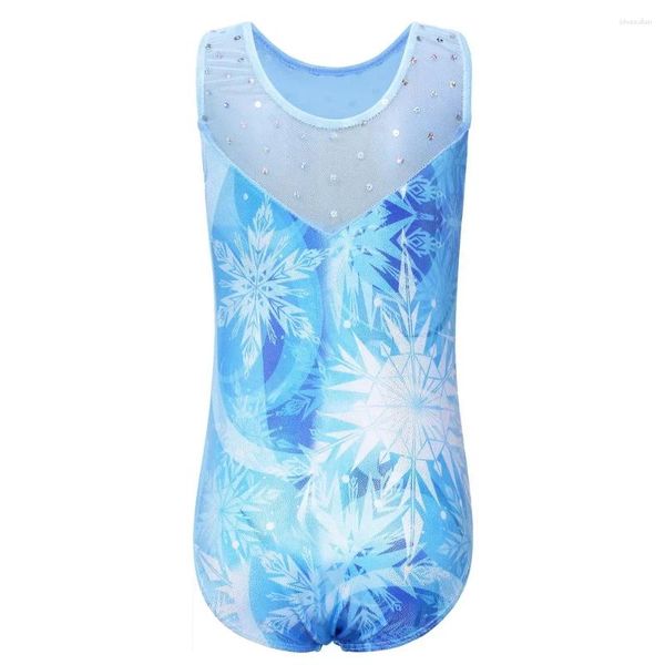 Portez de la scène Baohulu petites filles Sparkle Gymnastics Leotard Blue Snowflake Ballet Sans manches