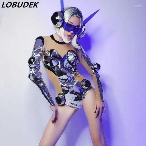 Scary Wear Bar Nightclub DJ chanteur féminin Dancer Performance Clothes Silver Laser Mirror BodySuit Headress Party Space Dance Costume