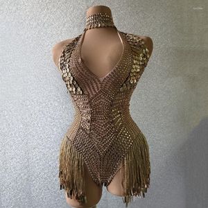 Stage Wear Bar Nightclub DJ Pole Dance Fringe Lotard Gold Pools Tassel Bodysuit Gogo Dancer Sexy Club Party Pantys kostuum