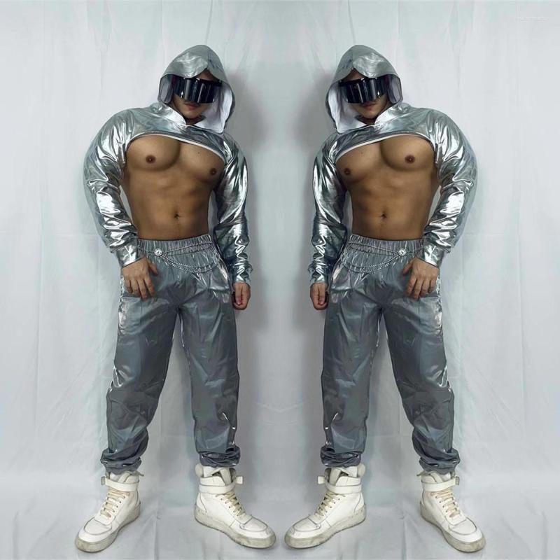 Scene Wear Bar Nightclub Male DJ Dancer Gogo Costume Silver Hooded Tops Pants Outfit Party Show Pole Dancing Performance Clothes