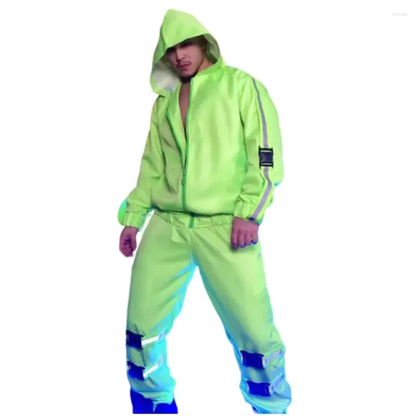 Stage Wear Bar Discothèque Hommes Hip Hop Danse 2 pièces Ensemble Fluorescent Vert Lâche Veste À Capuche Pantalon Tenue Chanteur Danseur Spectacle Costume