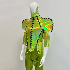 STAGE Wear Bar Nightclub Muscle Men's Space Mirror Armor Danse Costume Sexy Club Party Show Green Laser Tops Pantals Pantalons