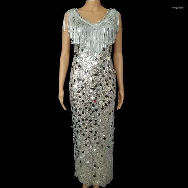 Stage Wear Bar Discothèque Argent Paillettes Gland Longue Robe Pour Chanteur Danseur Performance Costume Club Party Show