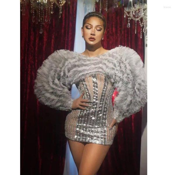 STAGE Wear Bar Nightclub Singer Modèle Sexy Performance Puff Silver Silver Sequin Mini Robe Prom Party Drag Dance Costume