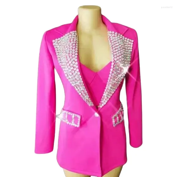 Stage Wear Bar Discothèque Femmes Chanteur Danseur Costumes Rose Violet Cristaux Manteau Bikini 3 Pièces Ensemble Jazz DJ Show Danse Tenues Costume