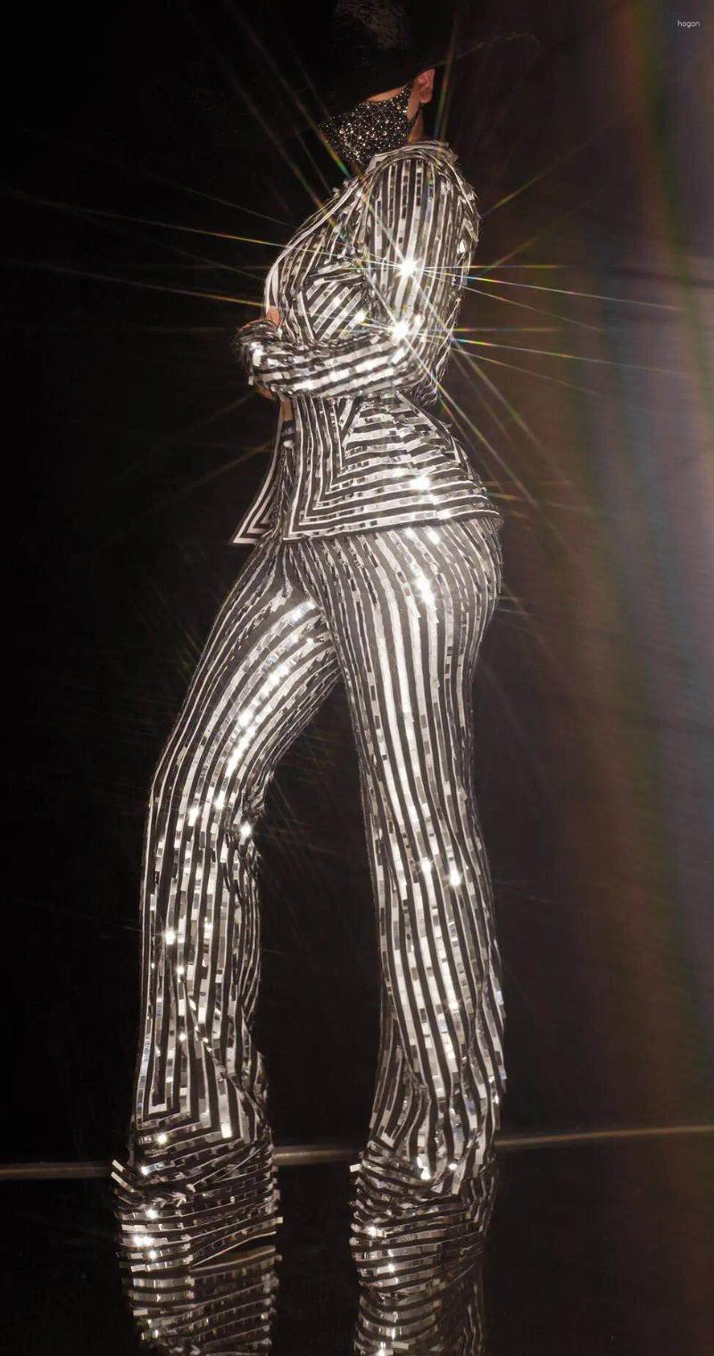 Scene Wear Bar Singer Nightclub Party Jazz Dance Costume Women Performance Set Silver Striped Sequins Jumpsuit Loose Coat Outfit