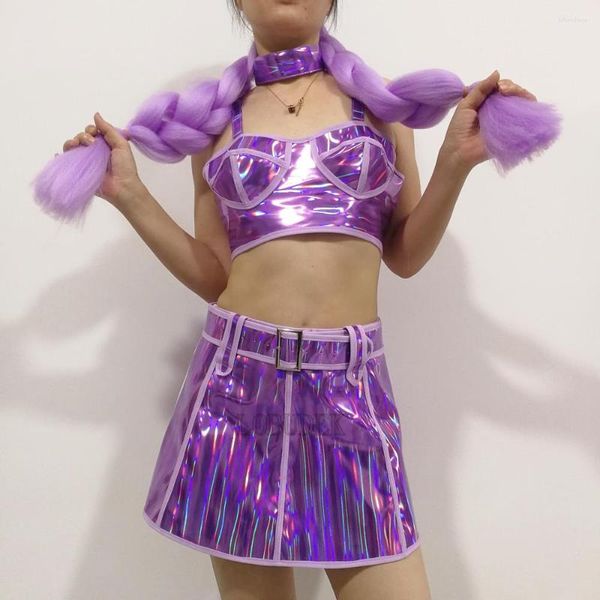 Stade porter barre femmes danse équipe Performance Costume Fluorescent violet Laser hauts jupe tresse perruque fête carnaval Rave tenue