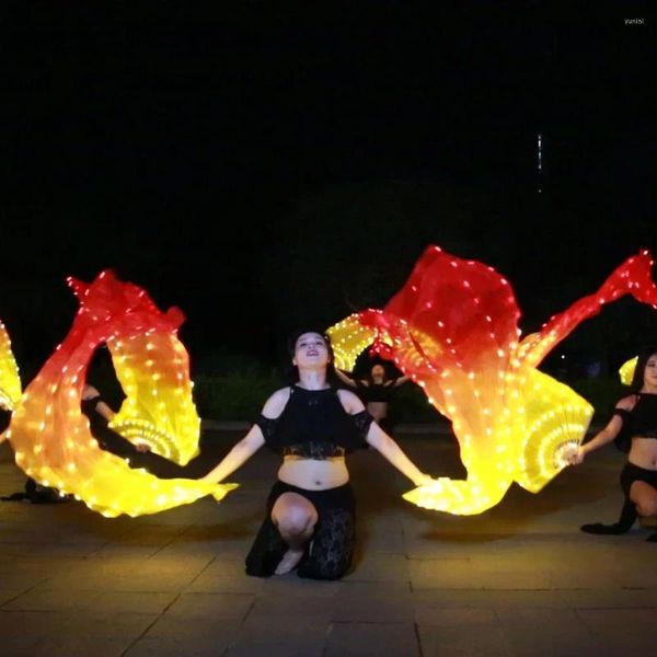 Accessoires de danse de ventre de ventre Veil de fans de soie à LED avec une performance d'entraînement rouge et jaune de 180 cm de long