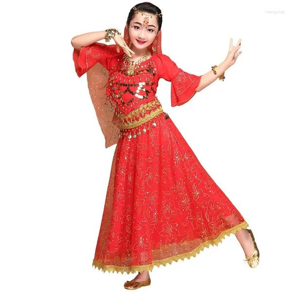 Vêtements de scène Costume de danse du ventre pour enfants, robe Bollywood, jupes orientales pour la journée des enfants, spectacle indien, ensemble 3 pièces 5 pièces