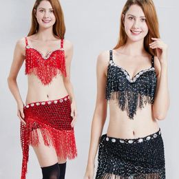 Disfraz de baile de vientre de escenario para mujeres Bellydance Latin Practice Ropa Sequin Flings Falda Lady Belt Bra Set Girl Dancing Dress