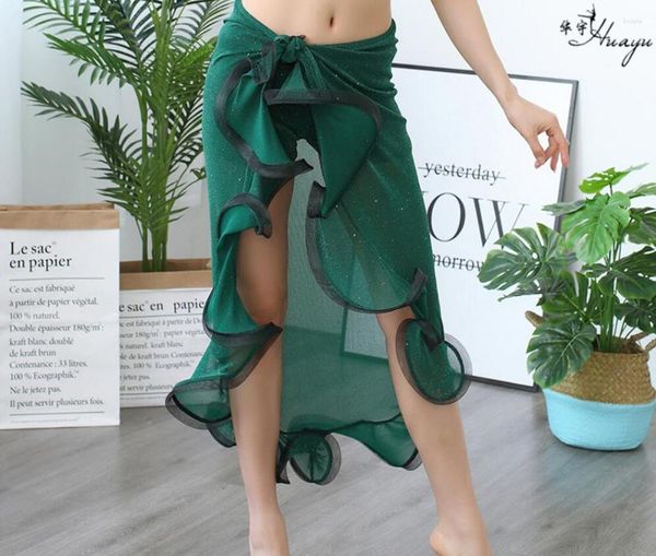 Costume de danse du ventre pour femmes, jupe de danse, écharpe enveloppante avec volants, fente latérale, vert foncé, design coréen