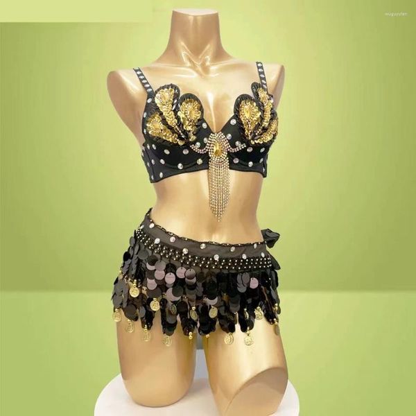 Vêtements de scène Costume de danse du ventre professionnel Samba perles soutien-gorge haut pièce de monnaie paillettes hanche écharpe ceinture réglable spectacle de performance