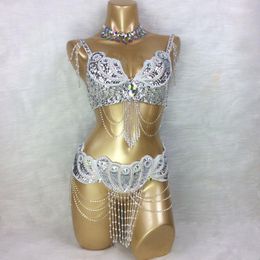 Conjunto de traje de danza del vientre para escenario, cinturón de sujetador, collar de 3 piezas/con cuentas brillantes para mujer, ropa profesional de competición